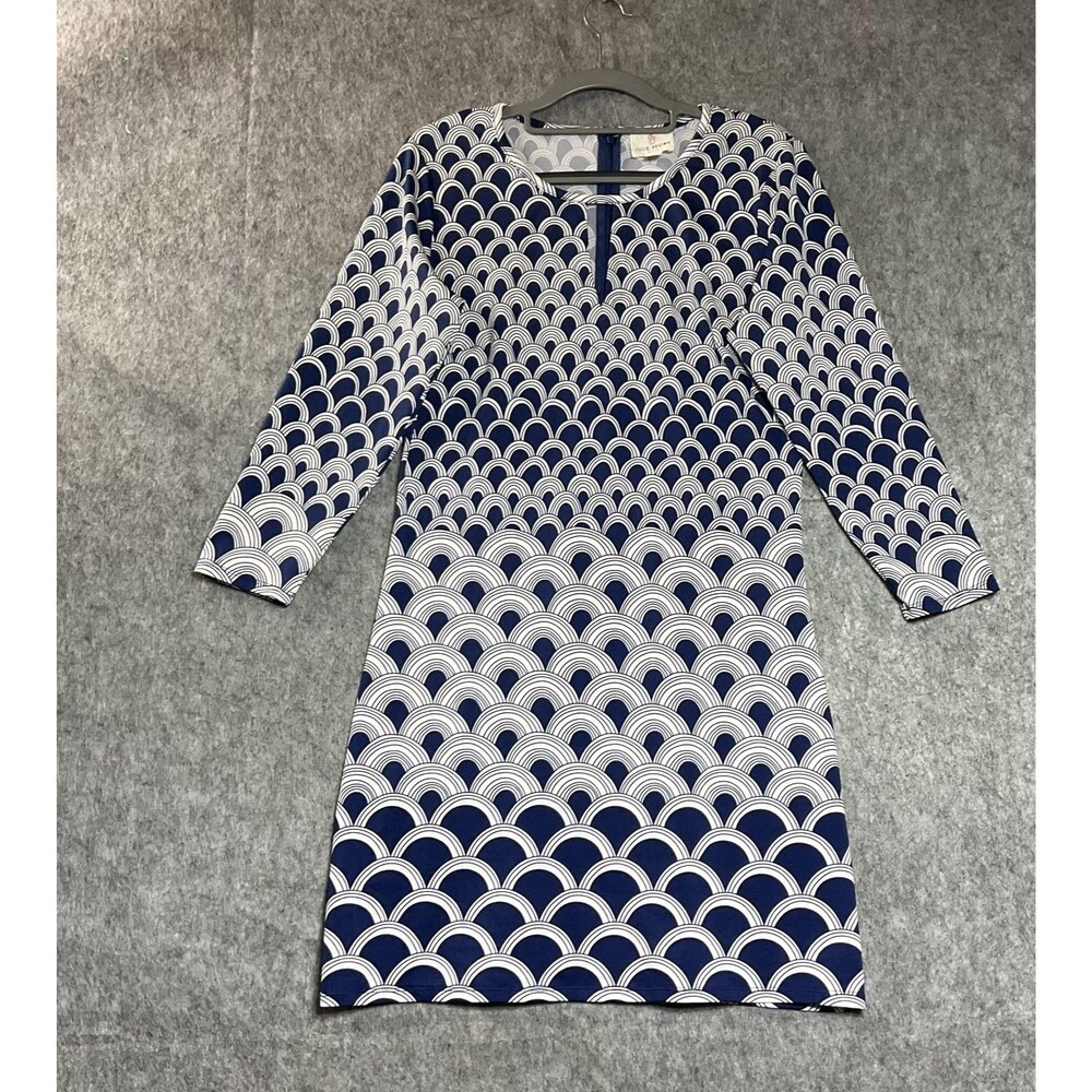 Julie Brown Dress Womens Medium Blue Geometric Shift 3/4 Sleeve Knee Length